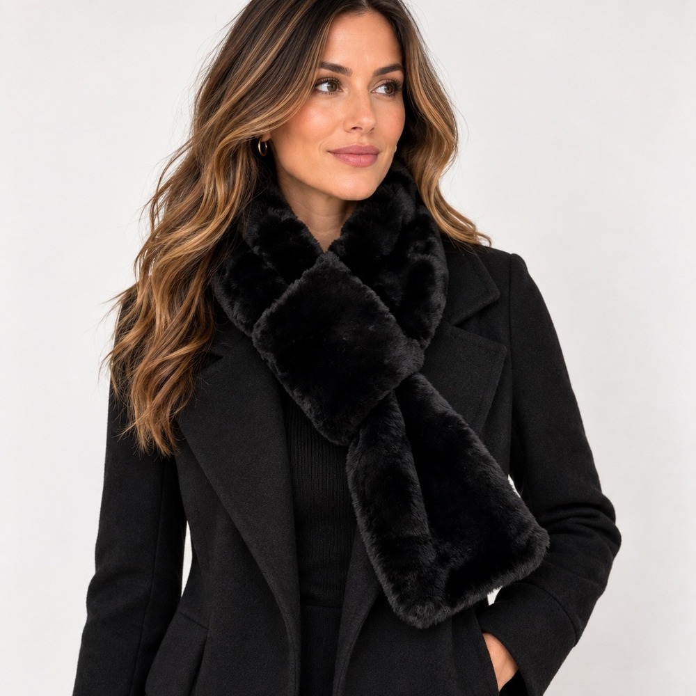 Casual Corner Y2K Faux Fur Scarf OS Black Pull Through Keyhole Stole Wrap